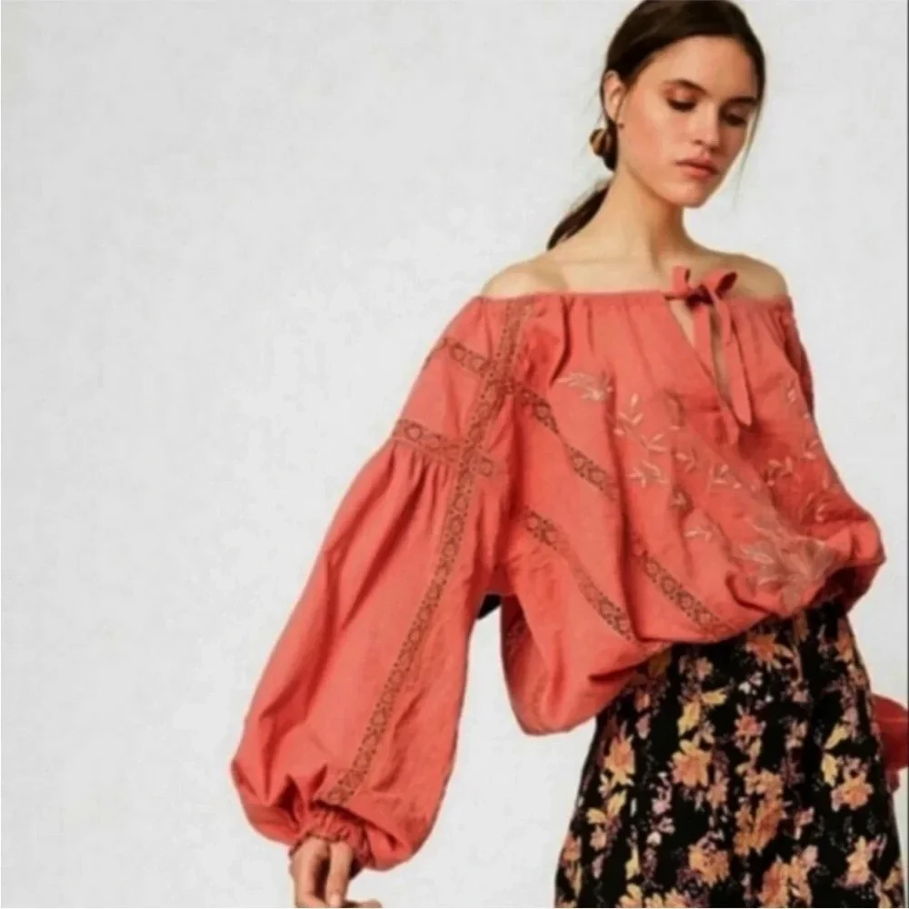FREE PEOPLE Maria Maria Athena Embroidered Boho Blouse Top